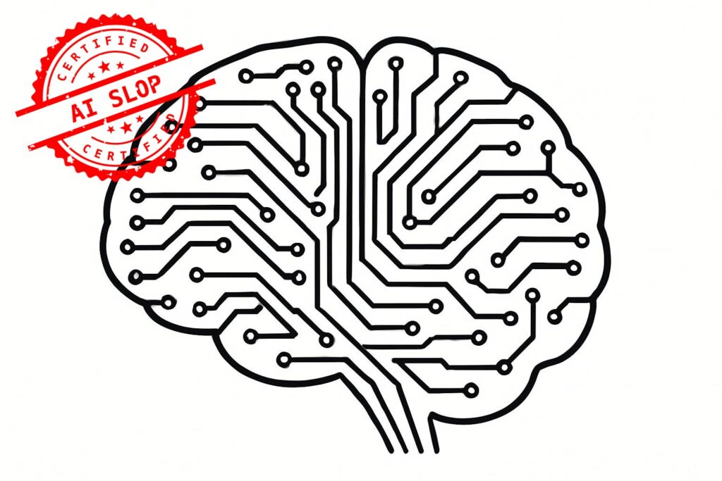 An AI image of a brain with a stamp reading "Certified AI Slop."