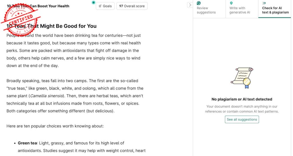Screenshot of Grammarly failing to detect AI writing.